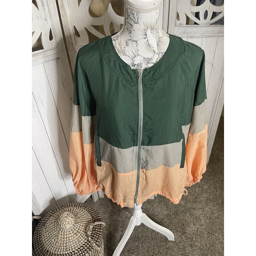 Anthropologie Elevenses Colorblock Windbreaker Jacket Medium Large Green Orange